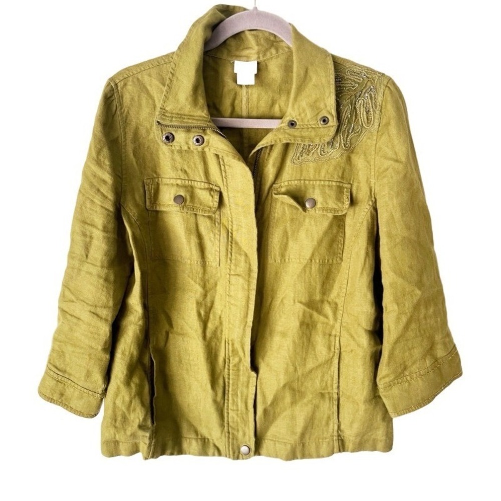 Chico's Olive Green 100% Linen Leaf Beaded Utility Jacket Size Medium Safari